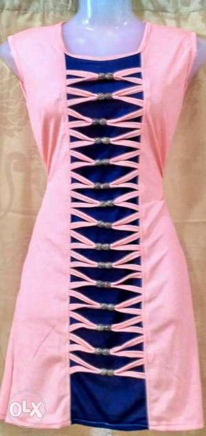 Pink And Blue Caged-front Sleeveless Dress