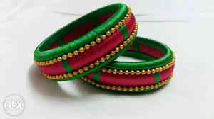 Pink-and-green Silk Bangle Bracelets