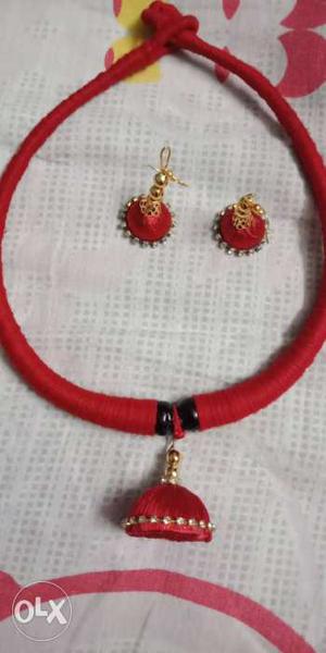 Red Silk-thread Necklace With Jhumka Earrings