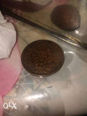 Round Copper-colored 1 Quarter Indian Anna Coin 
