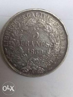 Round  Silver-colored 5 Francs Coin