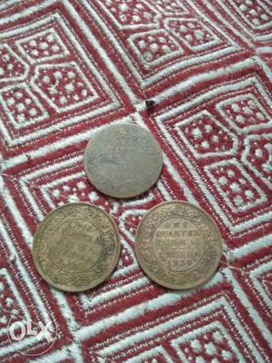 Three Round Gold-colored 1 Quarter Anna Indian Coins