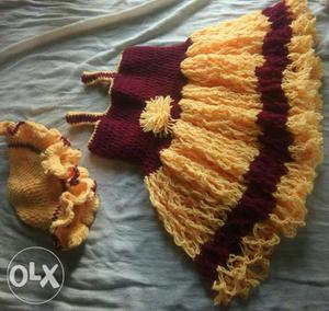 Toddler Girl's Yellow And Red Crochet Dress And Hat