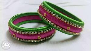 Two Green-and-pink Silk Threaded Bracelets