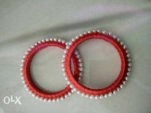 Two Red-and-white Beaded Thread Bangles