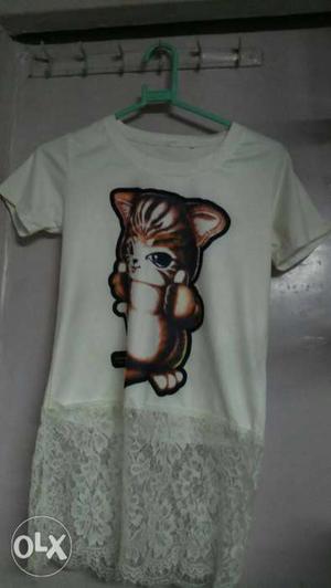 White And Brown Kitten Print Crew-neck T-shirt