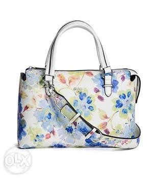 White, Blue, And Green Floral Guess Leather 2-way Bag