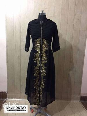 Women's Black And Brown Floral Long-sleeved Dress