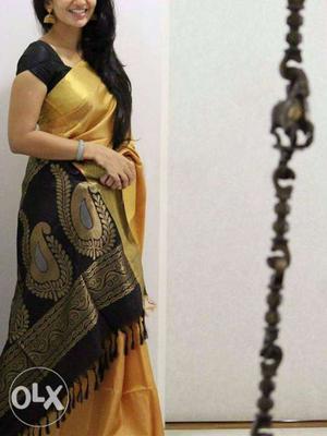 Women's Black And Yellow Sari Dress