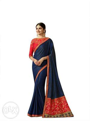Women's Blue And Red Sari Traditional Dress