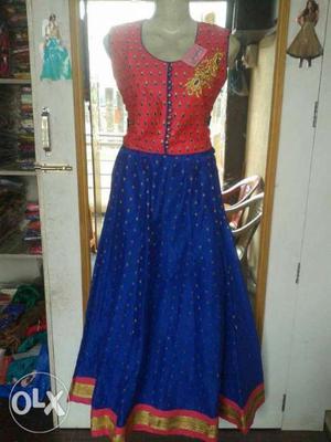 Women's Blue And Red Sleeveless Dress