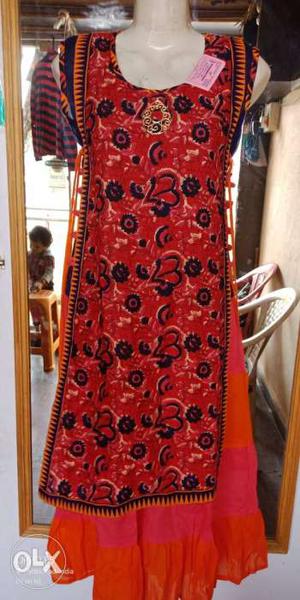 Women's Red And Black Floral Sari Dress