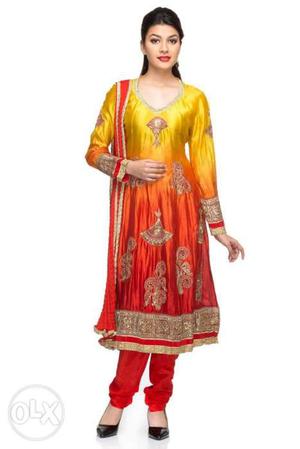 Women's Yellow, Brown, And Red Churidar Kameez Dress