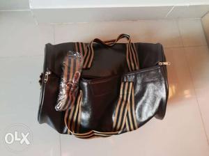 Brown Leather Stripe Duffle Bag