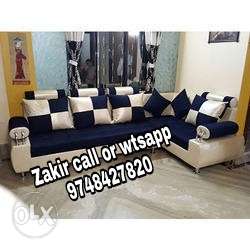 Blue and cream padded l shape sofa set
