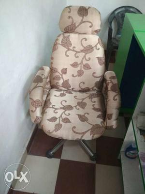 Brown And White Floral Fabric Padded Armchair