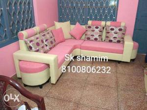 Pink And Beige Leather Corner Sofa