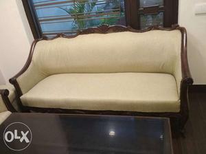 Brown And Beige Padded Wooden-frame Sofa
