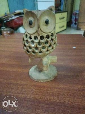 Brown Wooden Owl Carved Candle Holder
