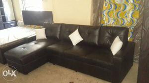 New Black Leather Sectional Sofa With Throw Pillows