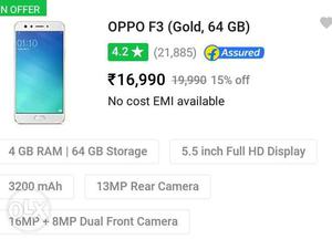 Oppo f3 seal packed box 4GB+64GB 4G VOLTE PHONE