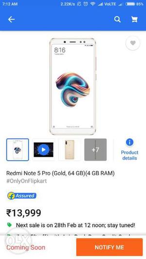 Redmi Note5 Pro Gold Colour 4+64 Limited Time fixed rate