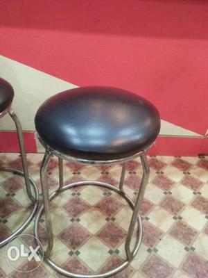 Round Black Leather Stool With Stainless Steel Base