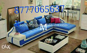 Tufted Blue And White Sectional Couch With Text Overlay