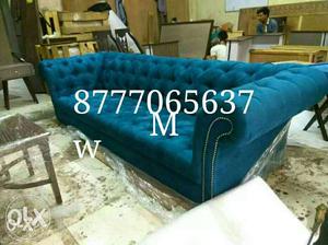 Tufted Blue Velvet Sofa