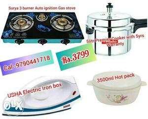 Black 3-burner Stove; White Clothes Iron; Stainless Steel