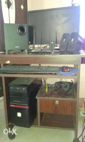 Complete pc with Brown Wooden Stand With Flat Screen full