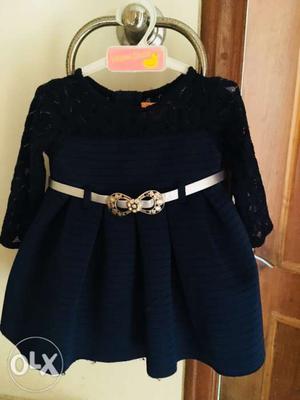 4-6 months baby Navy Blue 3/4-sleeved Dress With White Belt