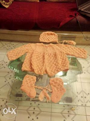 Baby's Orange Knitted Sweater, Gloves And Hat