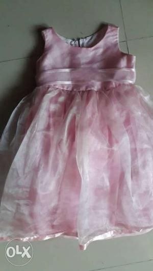 Girl's Pink Satin Sheer-overlay Tank Dress