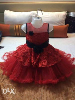 Girl's Red Ruffled Sleeveless Dress