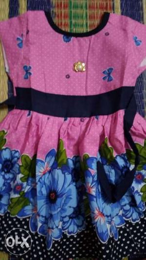 Pink, Black, And Blue Floral Crew-neck Dress With