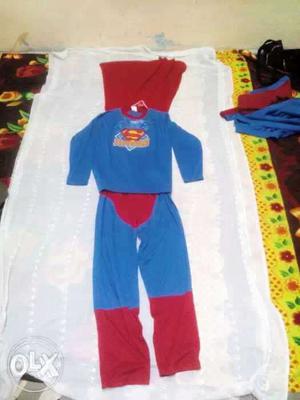 Toddler's Blue And Red Superman Long-sleeved Shirt And Pants