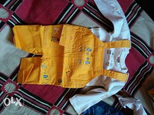 Toddler's White Long-sleeved Shirt And Yellow Overall Pants