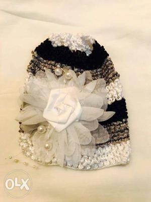 White, Black, And Gray Flower Accent Knit Cap