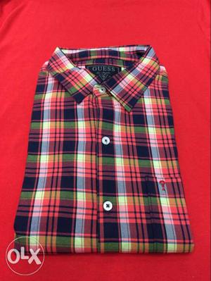 Black, Red, And White Guess Plaid Dress Shirt