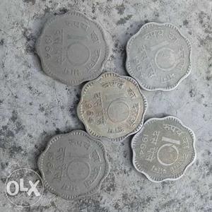 Five  Silver-colored 10 India Coins
