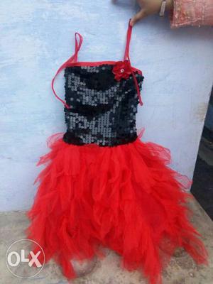 Girl's Black And Red Spaghetti Strap Midi Dress