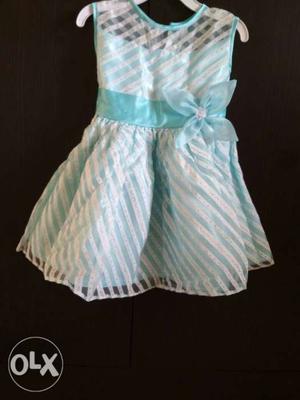 Girl's White And Teal Sleeveless Dress