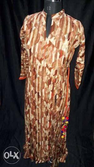 Orange, Brown, And White Stripe Split-neck 3/4 Sleeve Dress