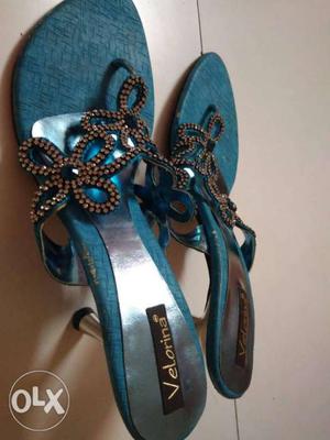 Pair Of Blue Velorina Heeled Slide Sandals