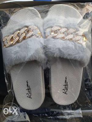 Pair Of Gray Fur Slide Sandals With Chain Accents