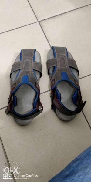 Pair Of Gray-and-blue Leather Sandals