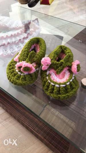 Pair Of Pink-and-green Knit Shoes