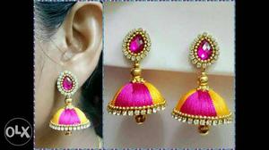 Pink-and-gold-colored Jhumka Customized availabile