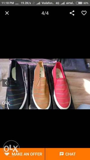 Three Red, Black, And Brown Striped Slip-on Shoes
